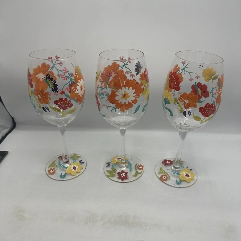 Pier 1 Hand Painted Spring Floral Wine Glasses (3) 9-1/2